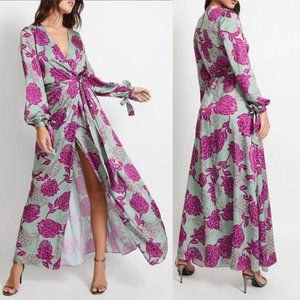 NWT PatBO Celia Maxi Wrap Dress Floral V-Neck Long Sleeve in Aqua Women's Size 4